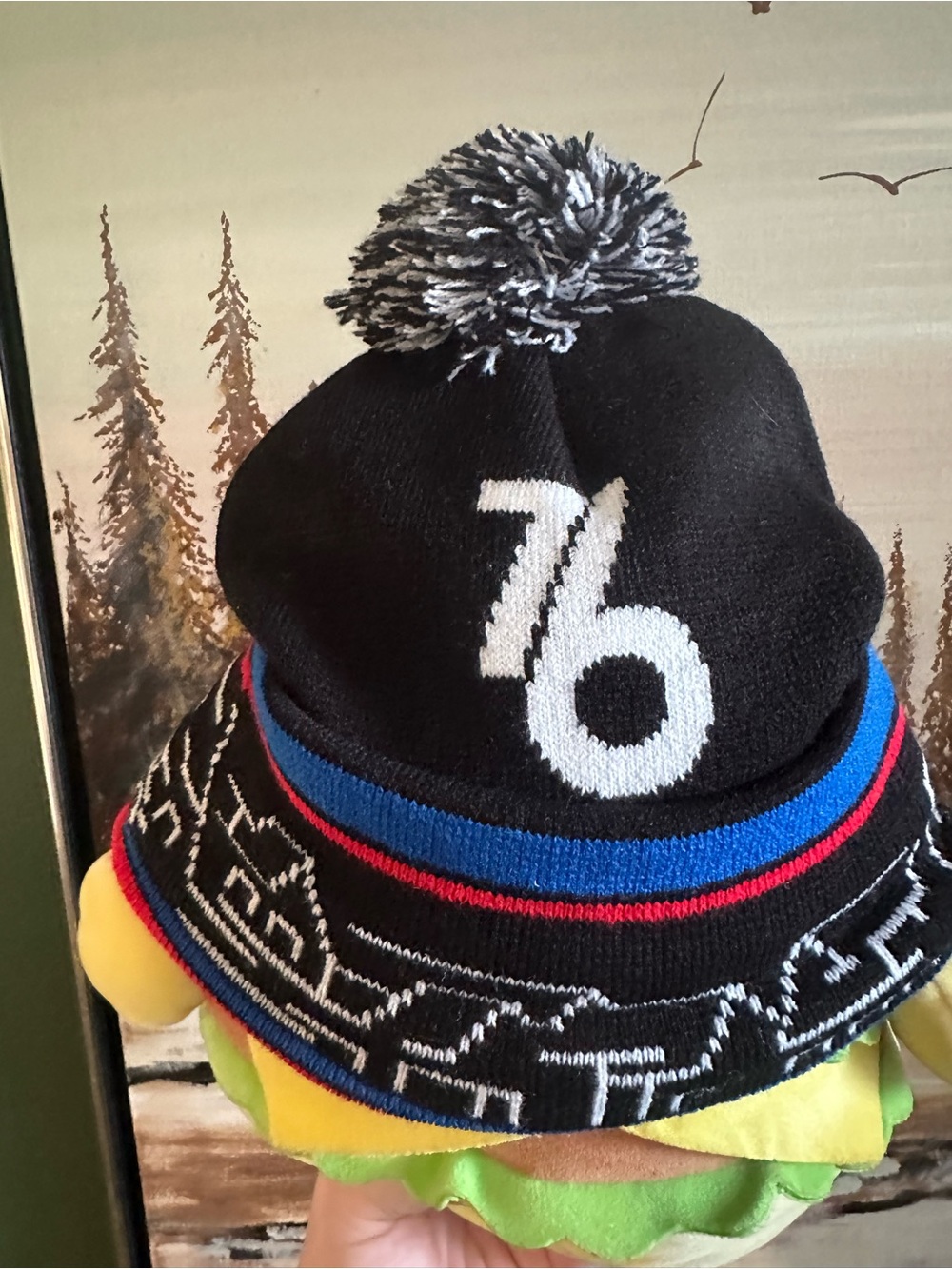 Black Pom Pom Beanie with 76 Logo, Boathouse Row and Striped Trim
